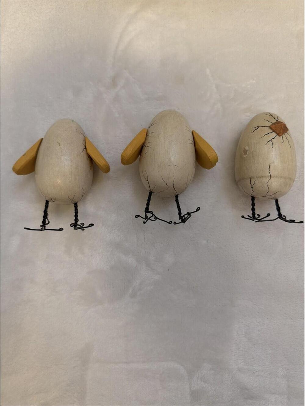 Whimsical Painted Hatching Egg Sculpture Figurine Set Of 3 Wood Chick Bird Eggs